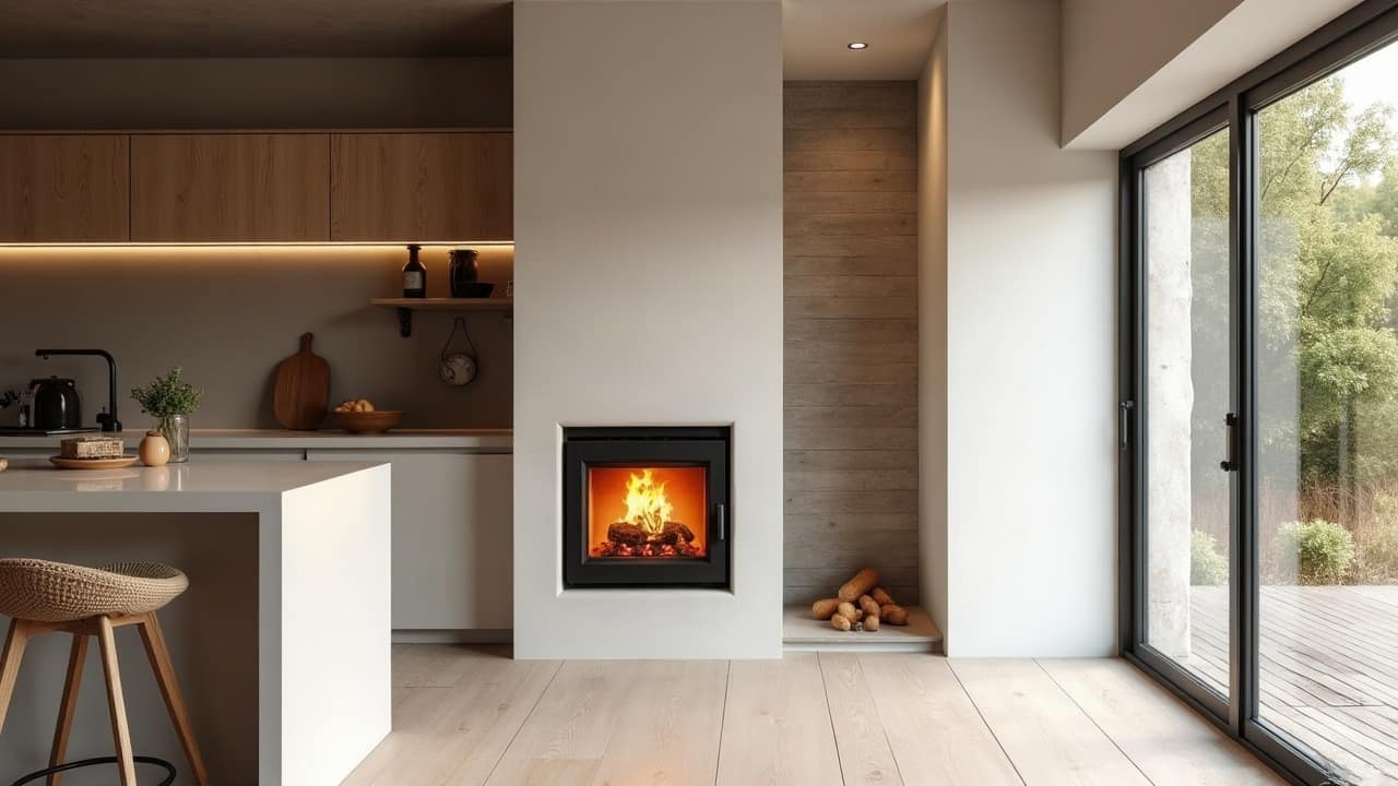 Petit poêle de masse compact enduit de teinte claire avec banc de lecture et coussins dans une maison en bois minimaliste, douce lumière du soir