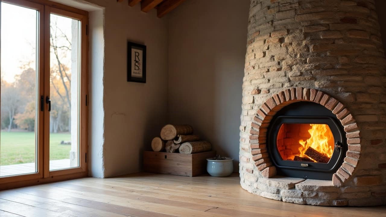 Grand poêle de masse enduit à la chaux dans une ancienne ferme en pierre rénovée, parquet de chêne, lumière d'hiver entrant par la fenêtre