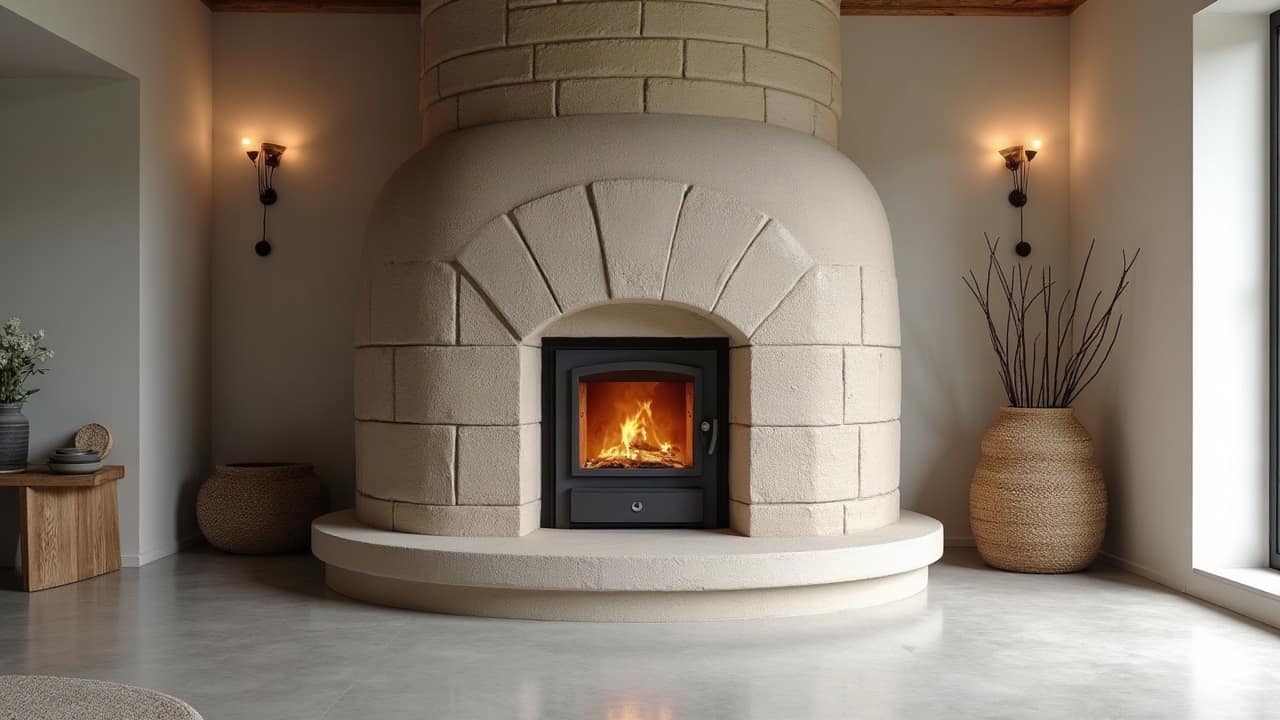 Poêle de masse rond au centre du séjour d'une maison de campagne moderne, sol en béton ciré, feu visible derrière la porte en fonte