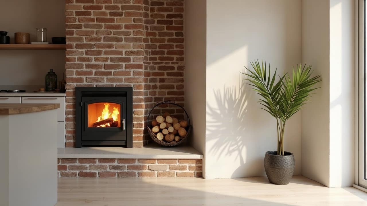 Poêle de masse habillé de carreaux de faïence émaillée crème dans un séjour lumineux, banc chauffant intégré, feu visible derrière la porte