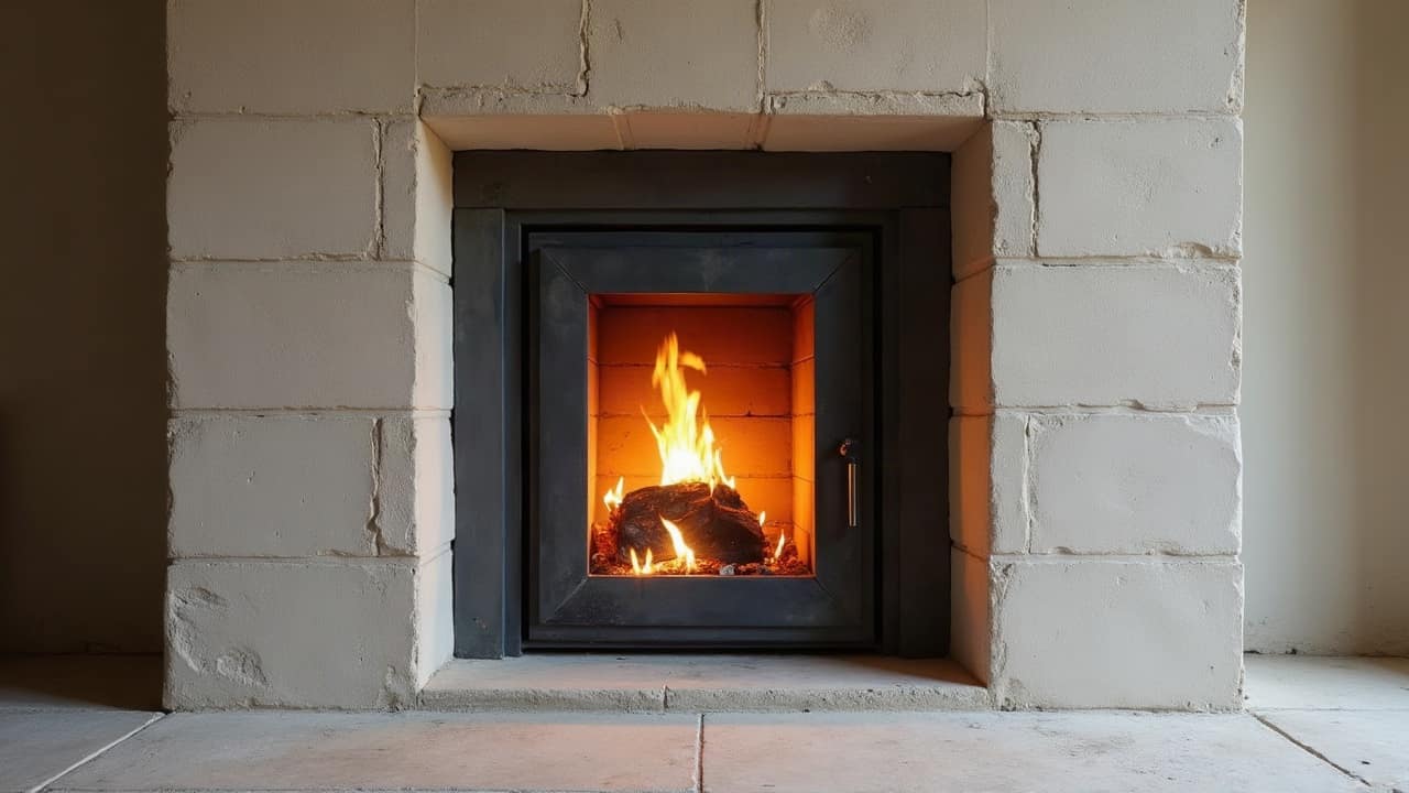 Grands blocs de pierre claire assemblés autour d'une porte de foyer vitrée à cadre noir, flambée vive sur des briques réfractaires, dallage de pierre au pied