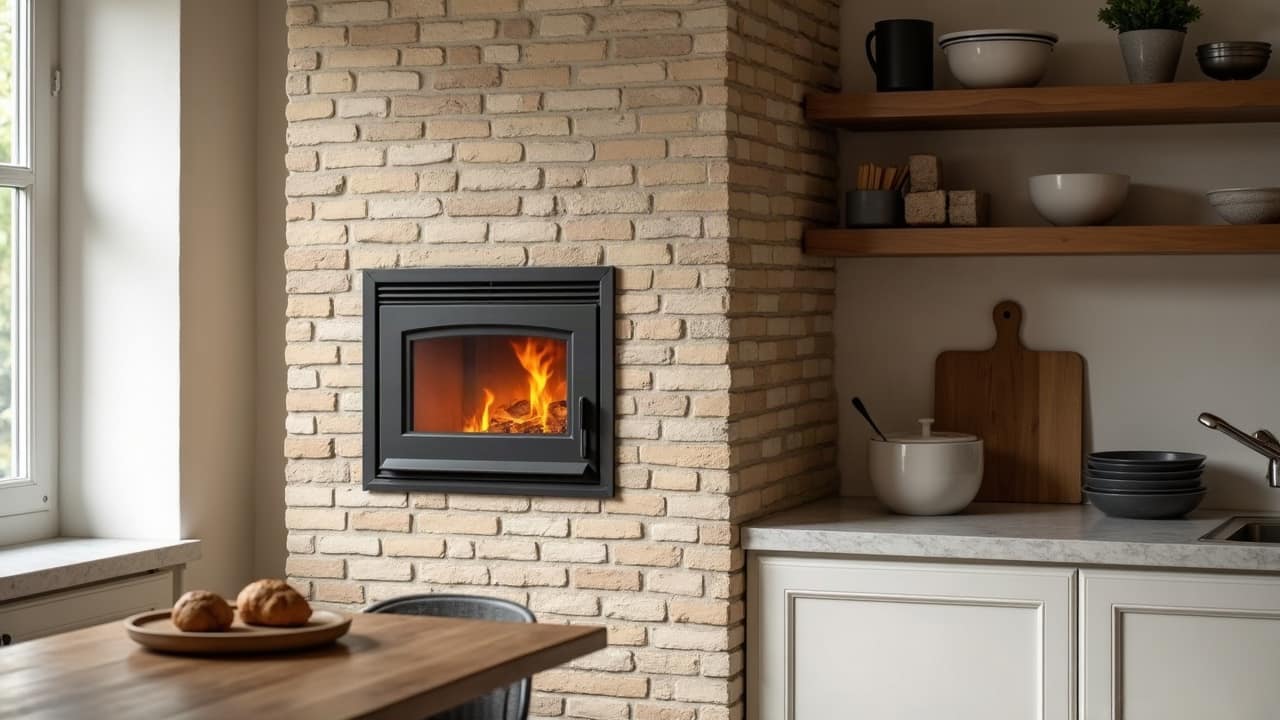 Poêle de masse d'angle avec porte de four à pain dans une cuisine moderne et lumineuse, plan de travail dégagé, flammes visibles