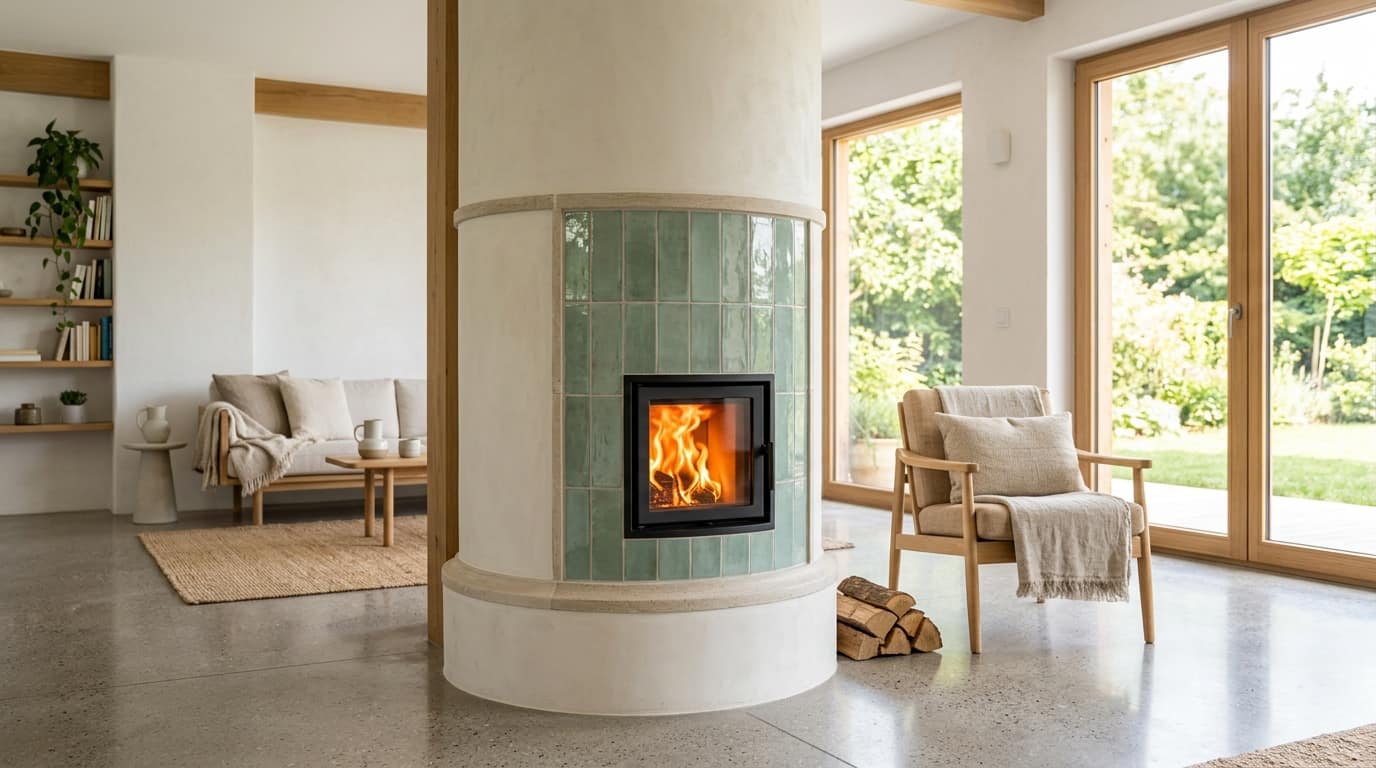 Poêle de masse rond habillé de carreaux de faïence vert d'eau autour du foyer vitré, dans un séjour lumineux
