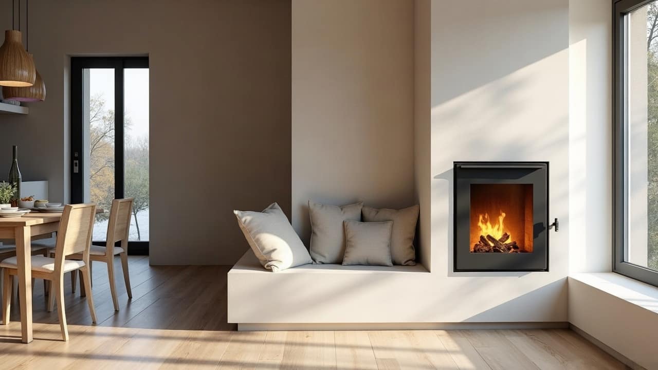 Poêle de masse enduit à la chaux avec banc intégré dans un séjour ouvert, flammes visibles derrière la porte vitrée, canapé flou au premier plan