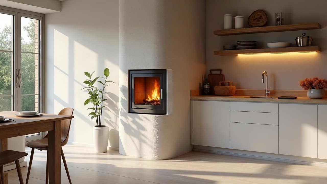 Poêle de masse contemporain habillé de pierre naturelle claire entre la cuisine et la salle à manger, lignes nettes, douce lumière du jour
