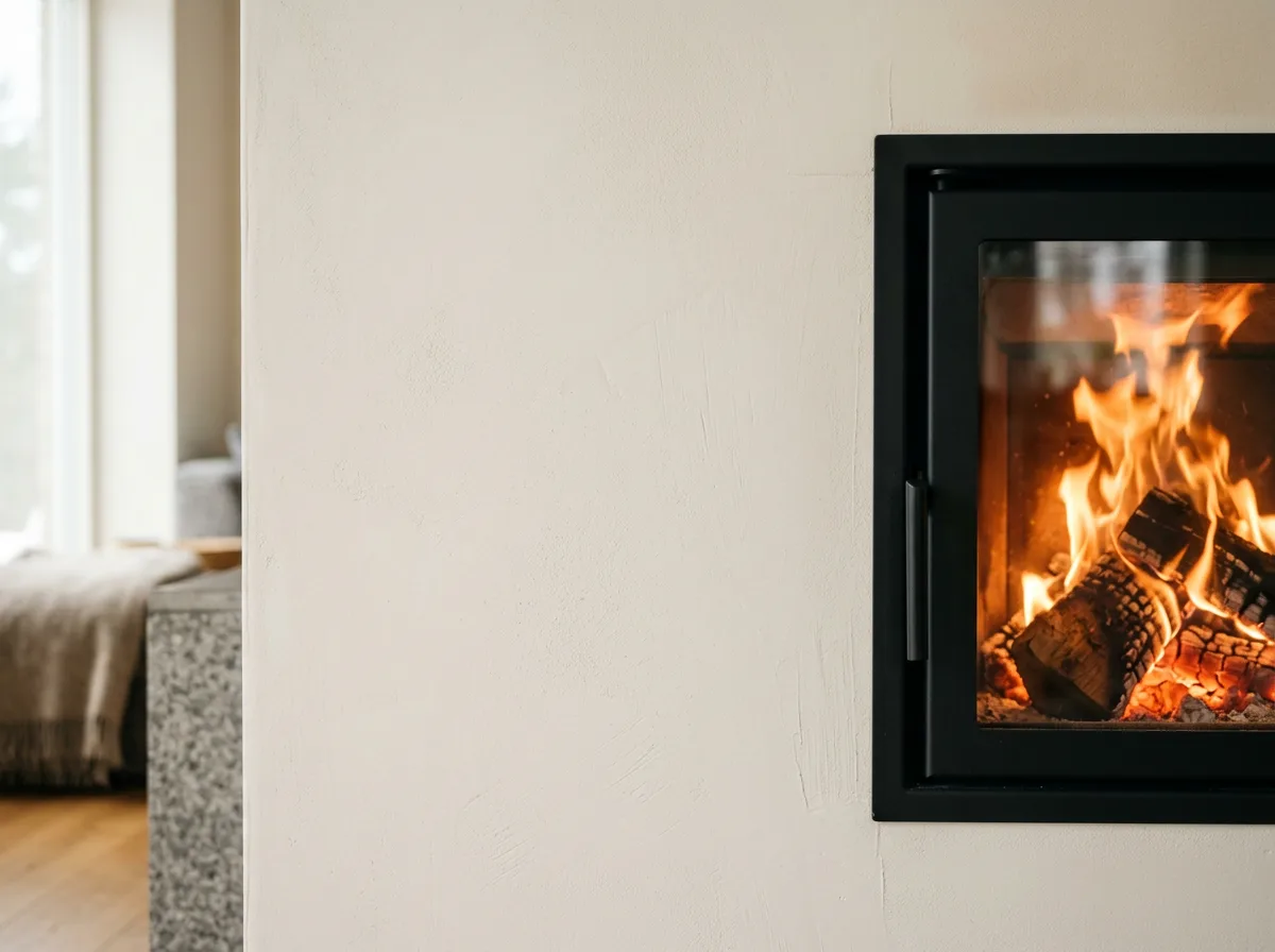Enduit lisse à la chaux d’un poêle de masse en gros plan, près de sa porte vitrée et des flammes