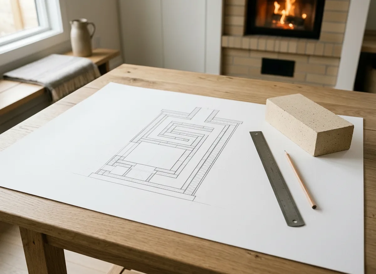 Plan en coupe d’un poêle de masse sur une table en chêne, règle, crayon et brique réfractaire posés à côté