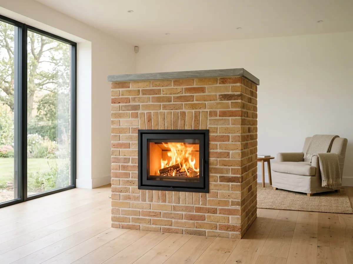 Poêle de masse en briques apparentes couleur sable, dessus en pierre et flambée, au centre d’un séjour lumineux