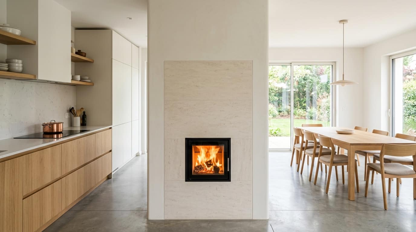 Masse maçonnée enduite et parée de dalles de pierre claire, porte vitrée et flammes vives, table en chêne derrière