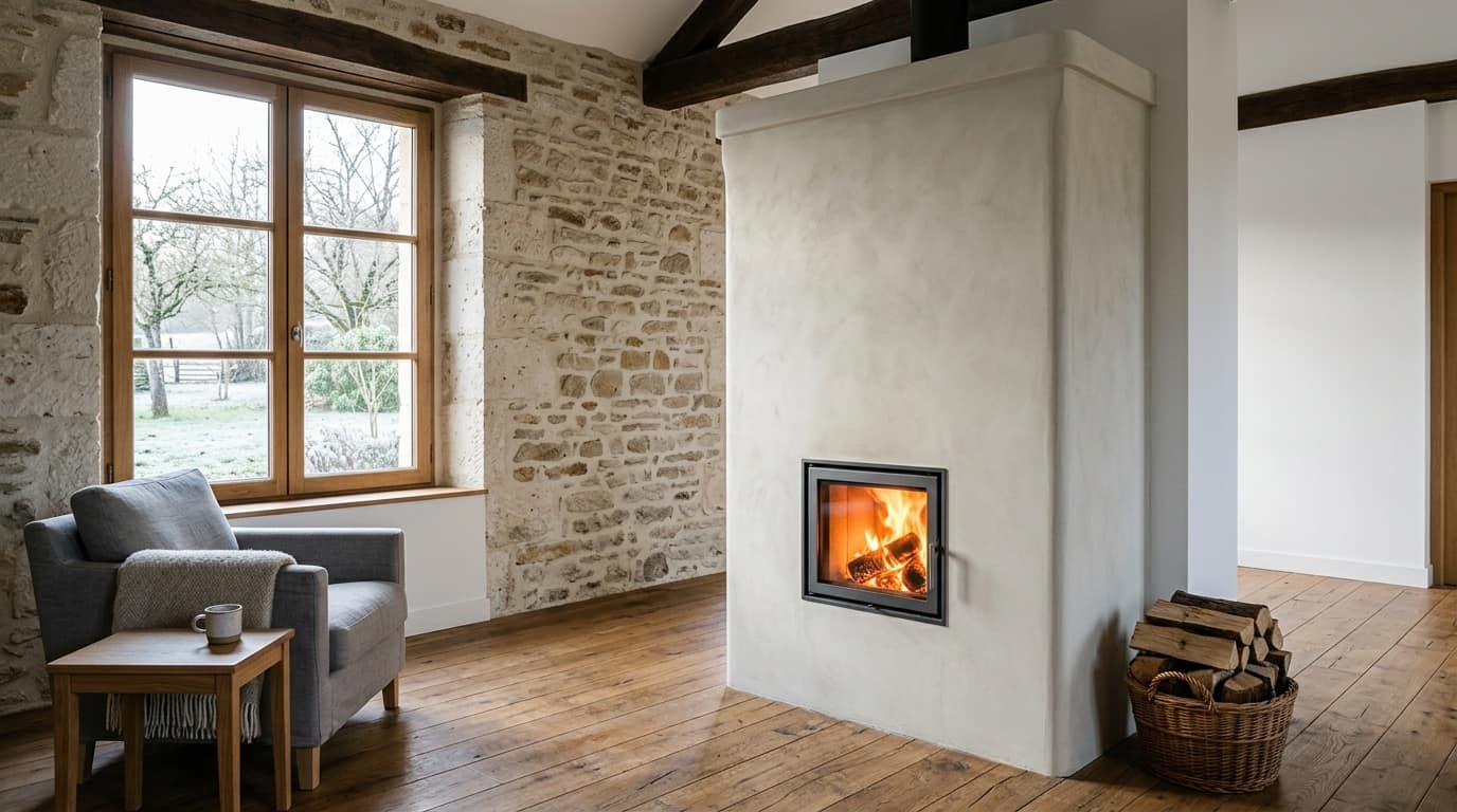 Poêle de masse enduit dans une maison en pierre rénovée, flammes derrière la vitre et panier de bûches
