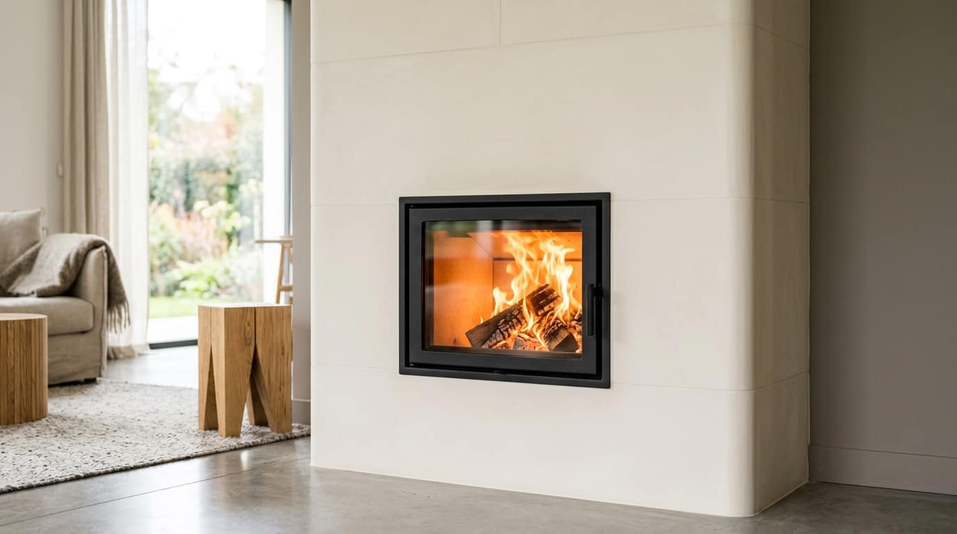Masse maçonnée aux angles arrondis et à l'enduit blanc, large porte vitrée sur un feu de bûches, salon lumineux