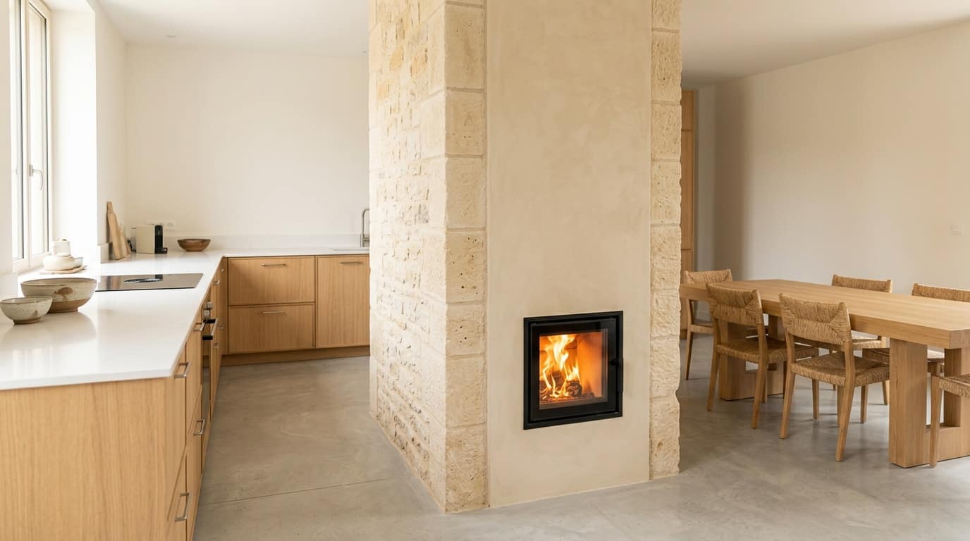 Colonne maçonnée entre cuisine et salle à manger, enduit sable et chaînages de pierre, petite porte vitrée allumée