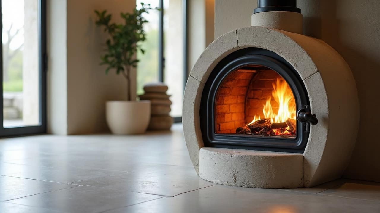 Poêle de masse rond en pierre claire, porte vitrée cintrée sur un foyer en briques réfractaires où brûle une flambée, dallage clair près d'une baie vitrée